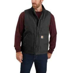 Carhartt Vest: Men's 104277 BLK Black Washed Duck Sherpa Lined Mock Vest -Fashion Clothing Store 104277blk