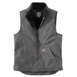Carhartt Vest: Men's 104277 GVL Gravel Washed Duck Sherpa Lined Mock Vest -Fashion Clothing Store 104277gvl 1