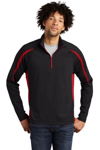Sport-TeK Sweatshirts: Men's ST851 BTR Black True Red Stretch 1/2-Zip Colorblock Pullover 1 Sport-TeK Sweatshirts: Men's ST851 BTR Black True Red Stretch 1/2-Zip Colorblock Pullover
