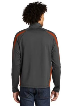 Sport-TeK Sweatshirts: Men's ST851 CGDO Charcoal Grey Deep Orange Stretch 1/2-Zip Colorblock Pullover -Fashion Clothing Store 5496 chgydpor 2 st851chgydpormodelback1 337w