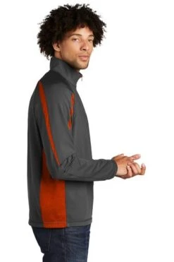 Sport-TeK Sweatshirts: Men's ST851 CGDO Charcoal Grey Deep Orange Stretch 1/2-Zip Colorblock Pullover -Fashion Clothing Store 5496 chgydpor 3 st851chgydpormodelside1 337w