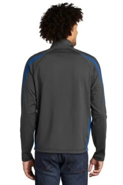 Sport-TeK Sweatshirts: Men's ST851 CGTR Charcoal Grey True Royal Stretch 1/2-Zip Colorblock Pullover -Fashion Clothing Store 5496 chgytrry 2 st851chgytrrymodelback1 337w