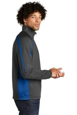 Sport-TeK Sweatshirts: Men's ST851 CGTR Charcoal Grey True Royal Stretch 1/2-Zip Colorblock Pullover -Fashion Clothing Store 5496 chgytrry 3 st851chgytrrymodelside1 337w