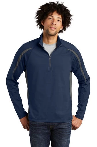 Sport-TeK Sweatshirts: Men's ST851 TNCG True Navy Charcoal Grey Stretch 1/2-Zip Colorblock Pullover 1 Sport-TeK Sweatshirts: Men's ST851 TNCG True Navy Charcoal Grey Stretch 1/2-Zip Colorblock Pullover