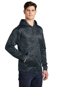 Sport-Teck Sweatshirts: Men's ST240 DSG Dark Smoke Grey Sport-Wick CamoHex Fleece Hooded Pullover -Fashion Clothing Store 6647 dksmkgy 4 st240dksmkgymodel3q1 337w