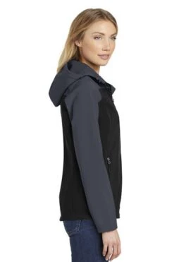 Port Authority Jackets: Women's L335 GRY Black Battleship Grey Hooded Core Soft Shell Jacket -Fashion Clothing Store 6953 blackbatlgry 3 l335blackbatlgrymodelside 337w