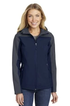 Port Authority Jackets: Women's L335 NVYGRY Dress Blue Navy Battleship Grey Hooded Core Soft Shell Jacket