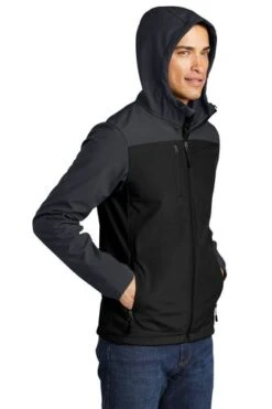Port Authority Jackets: Men's J335 GRY Black Battleship Grey Hooded Core Soft Shell Jacket -Fashion Clothing Store 6954 blkbtlgy 4 j335blkbtlgymodelhood1 337w
