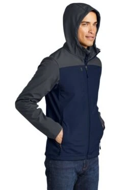 Port Authority Jackets: Men's J335 NVYGRY Dress Blue Navy Battleship Grey Hooded Core Soft Shell Jacket -Fashion Clothing Store 6954 dsbnvbtgy 4 j335dsbnvbtgymodelhood1 337w