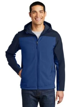 Port Authority Jackets: Men's J335 NVYBLU Night Sky Blue/ Dress Blue Navy Hooded Core Soft Shell Jacket
