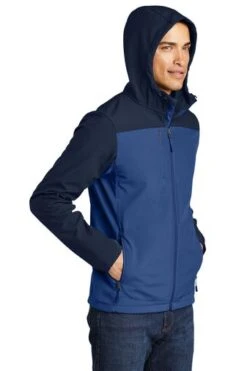 Port Authority Jackets: Men's J335 NVYBLU Night Sky Blue/ Dress Blue Navy Hooded Core Soft Shell Jacket -Fashion Clothing Store 6954 nsbldsbnv 4 j335nsbldsbnvmodelhood1 337w