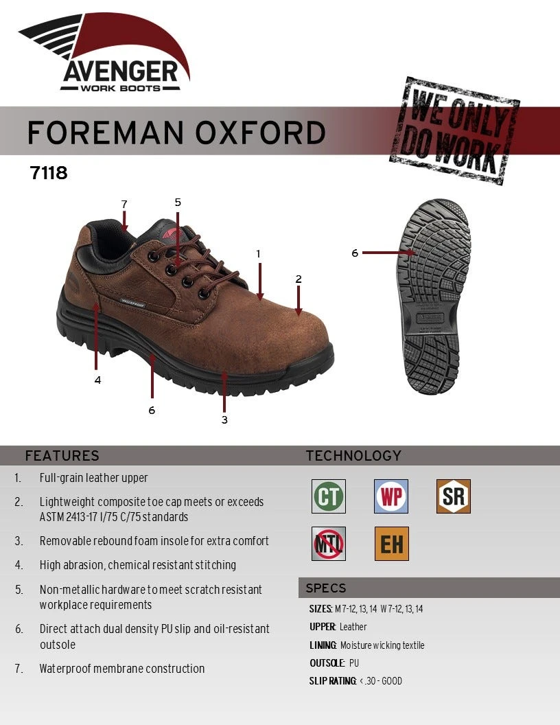 Avenger Shoes: Men's A7118 Foreman Composite Toe EH Waterproof Slip Resistant Oxfords 9 Avenger Shoes: Men's A7118 Foreman Composite Toe EH Waterproof Slip Resistant Oxfords - Image 9
