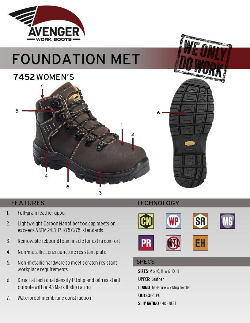 Avenger Boots: Women's A7452 6" Waterproof Carbon Toe Foundation Work Boots 1 Avenger Boots: Women's A7452 6" Waterproof Carbon Toe Foundation Work Boots