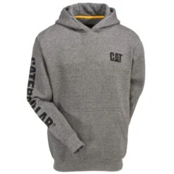 CAT Apparel Sweatshirts: Men's 1910709 004 Grey Hooded Trademark Banner Sweatshirt -Fashion Clothing Store cat 1910709 004 f 01