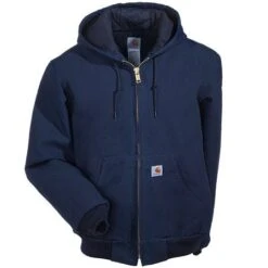 Carhartt Jackets: Men's J140 DNY Navy Hooded USA Made Flannel Lined Active Jacket -Fashion Clothing Store j140dny carharttf 01
