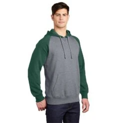 Sport-Tek Sweatshirt: Men's ST267-FGH Forest Green/Vintage Heather Raglan Colorblock Pullover Hooded Sweatshirt -Fashion Clothing Store st267 forestgreenvintageheather model 3q