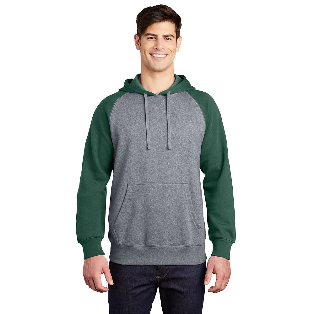 Sport-Tek Sweatshirt: Men's ST267-FGH Forest Green/Vintage Heather Raglan Colorblock Pullover Hooded Sweatshirt