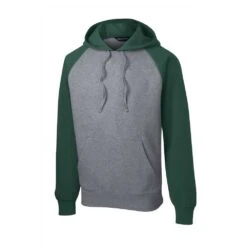 Sport-Tek Sweatshirt: Men's ST267-FGH Forest Green/Vintage Heather Raglan Colorblock Pullover Hooded Sweatshirt -Fashion Clothing Store st267 forestgreenvntghthr form front