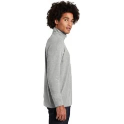 Sport-Tek Pullover: Men's ST407LGH Light Grey Heather Solid PosiCharge Tri-Blend Wicking 1/4-Zip Pullover -Fashion Clothing Store st407 lightgreyheather model side 012019